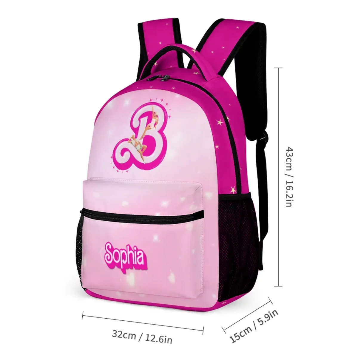 Fuchsia and Pink Three Piece Set: Backpack. Lunch Bag and Pencil Pouch Customizable Barbie Movie Backpack for School Cool Kiddo 18