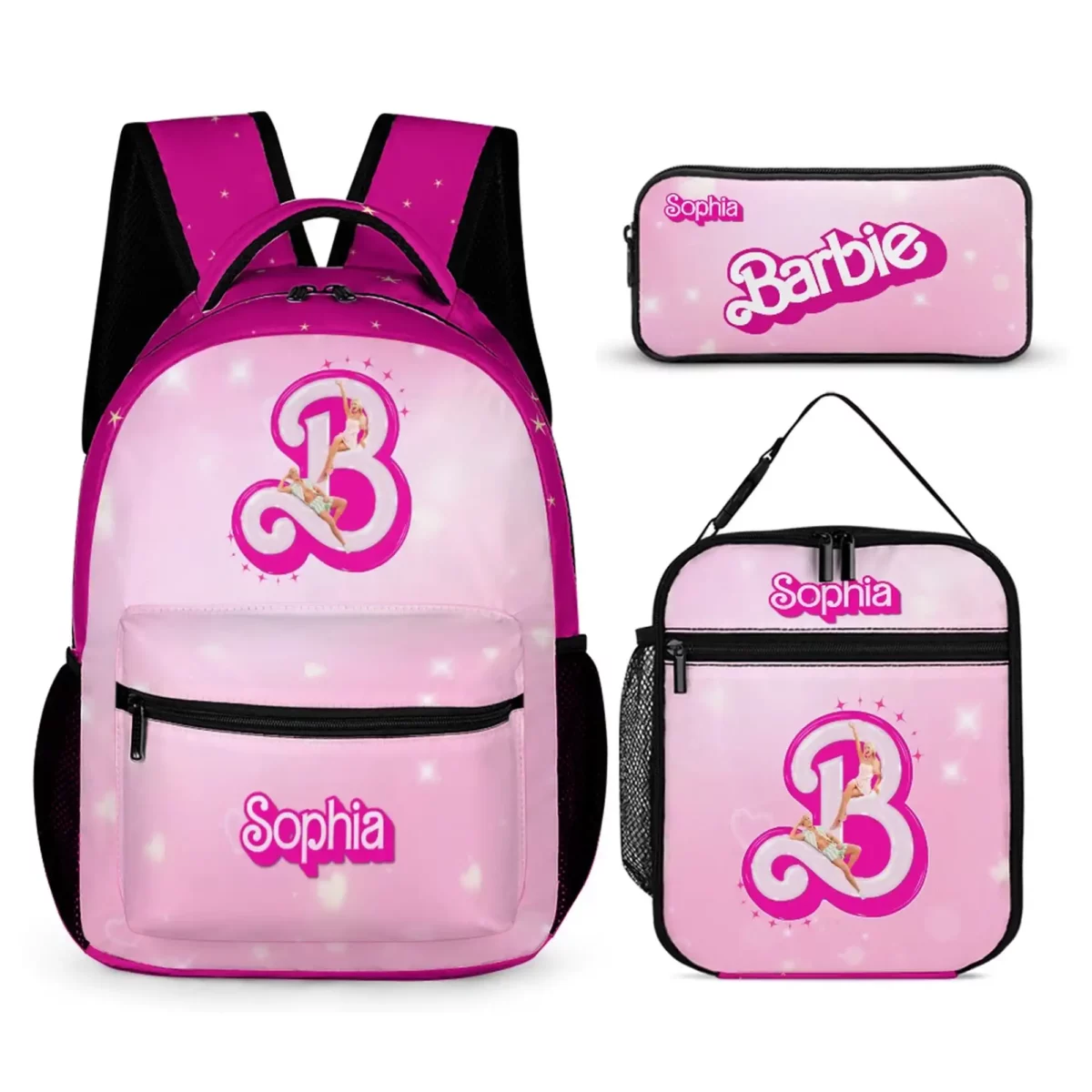 Fuchsia and Pink Three Piece Set: Backpack. Lunch Bag and Pencil Pouch Customizable Barbie Movie Backpack for School Cool Kiddo 10