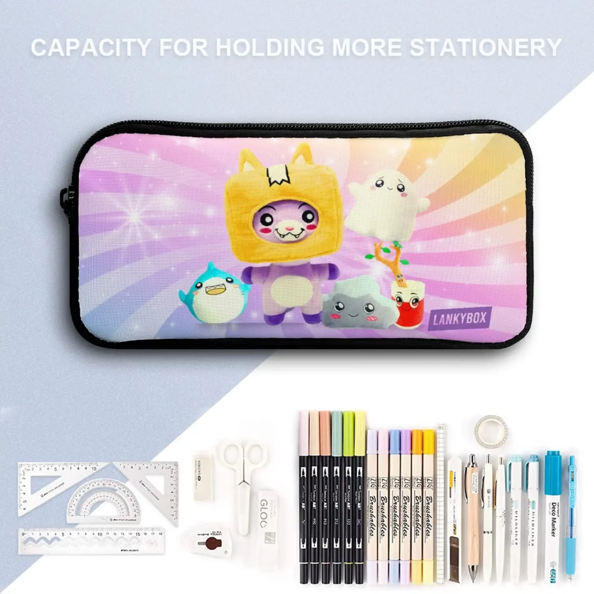 LANKYBOX Three-Piece Set – Book Bag, Lunch Bag, and Pencil Case – Lilac and Yellow Characters Backpack Cool Kiddo 12