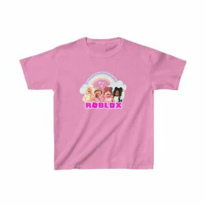 Roblox Girl Pink Kids Heavy Cotton™ Tee With Characters On Front and Roblox Logo in the Back Cool Kiddo