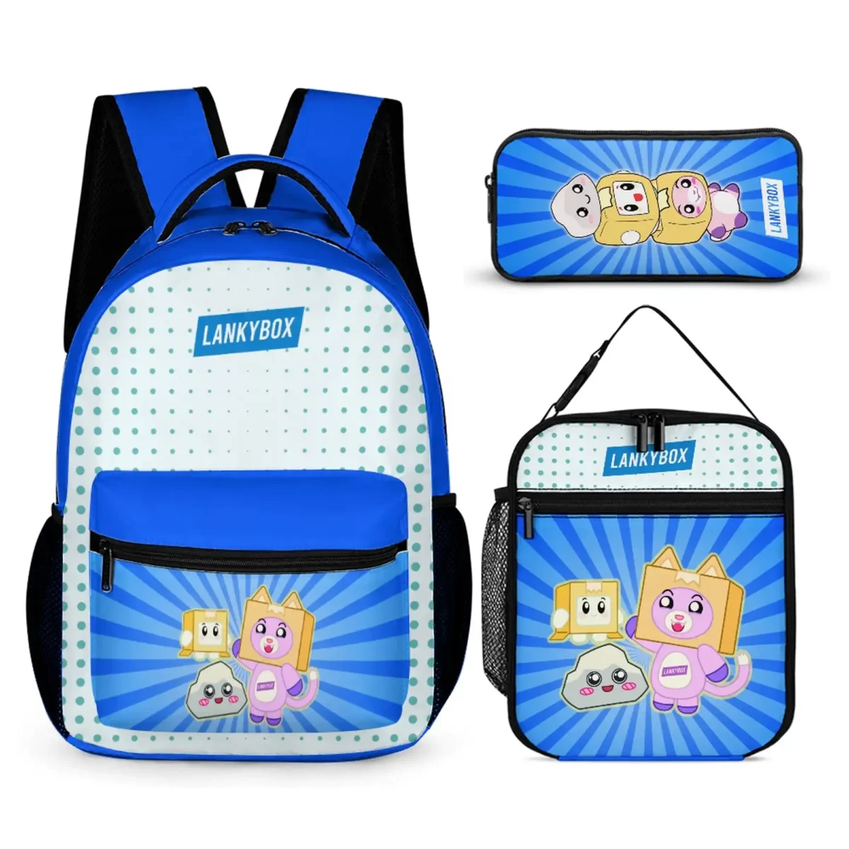 LANKYBOX Three-Piece Set - Book Bag, Lunch Bag, and Pencil Case - Cute Characters on Pocket Blue Backpack