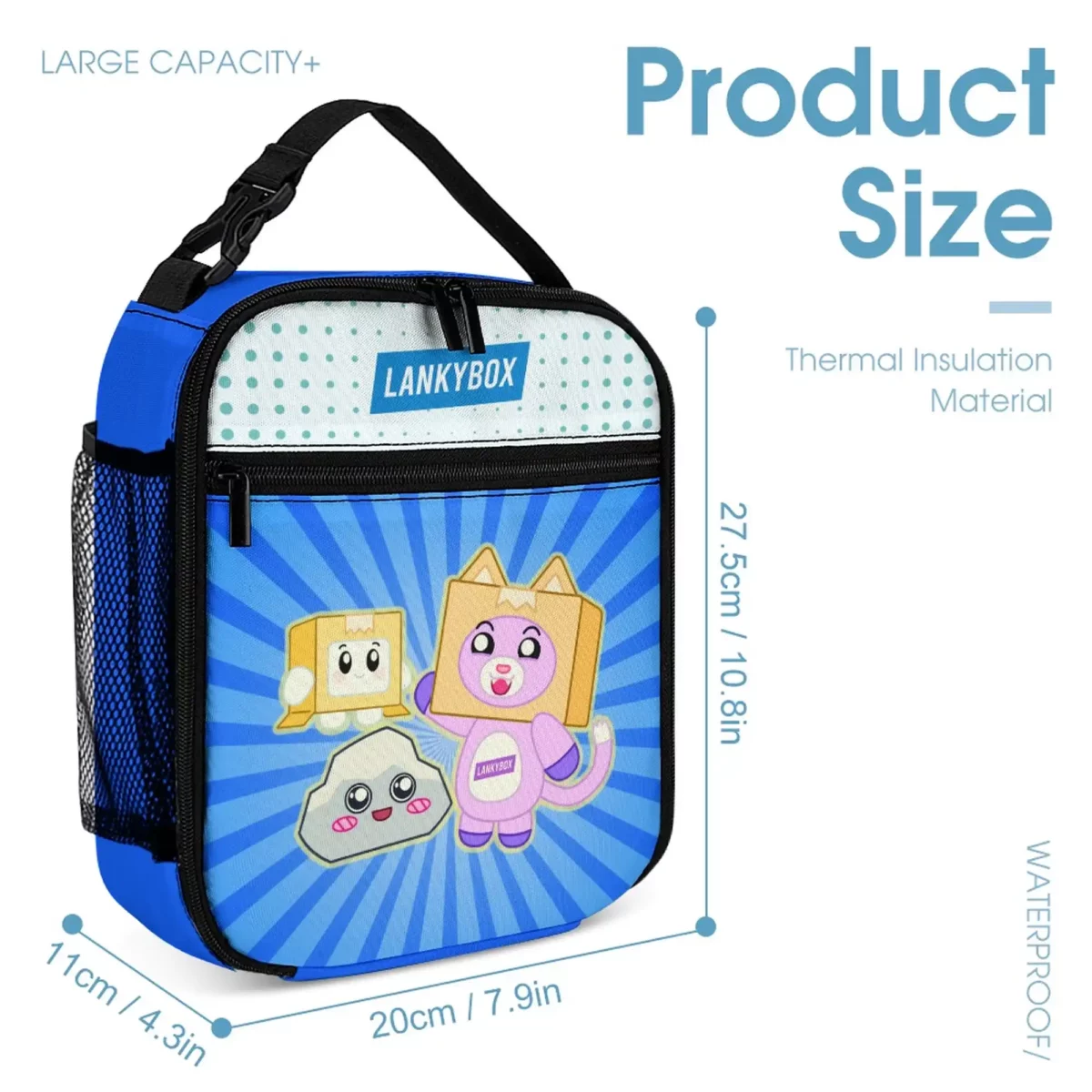 LANKYBOX Three-Piece Set – Book Bag, Lunch Bag, and Pencil Case – Cute Characters on Pocket Blue Backpack Cool Kiddo 12