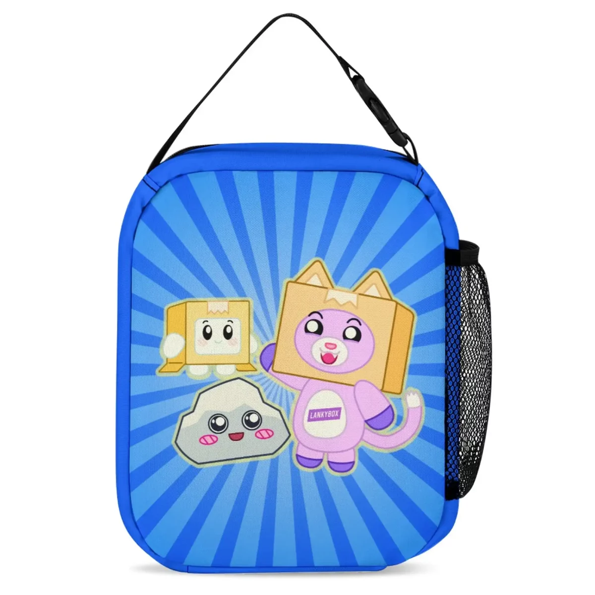 LANKYBOX Three-Piece Set - Book Bag, Lunch Bag, and Pencil Case - Cute Characters on Pocket Blue Backpack