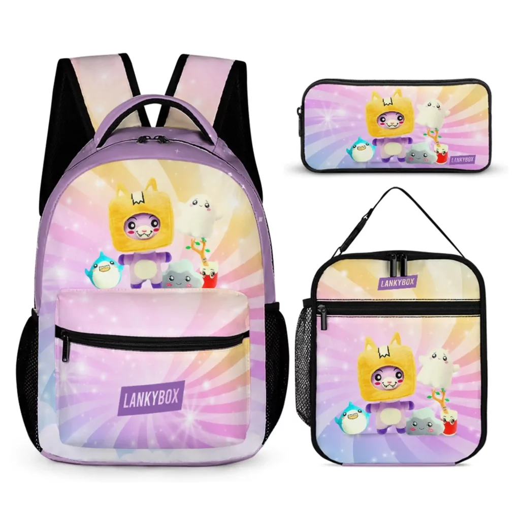 LANKYBOX Three-Piece Set – Book Bag, Lunch Bag, and Pencil Case – Lilac and Yellow Characters Backpack