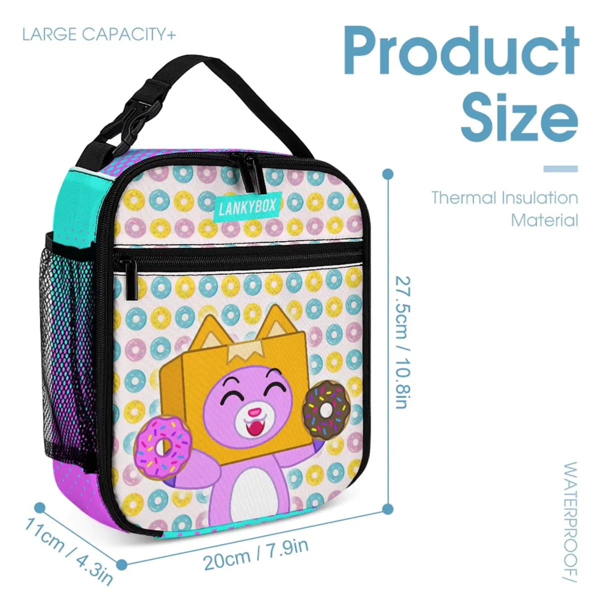 LANKYBOX Three-Piece Set – Book Bag, Lunch Bag, and Pencil Case – Multicolor Foxy and Boxy Characters and Donuts Backpack Cool Kiddo 14