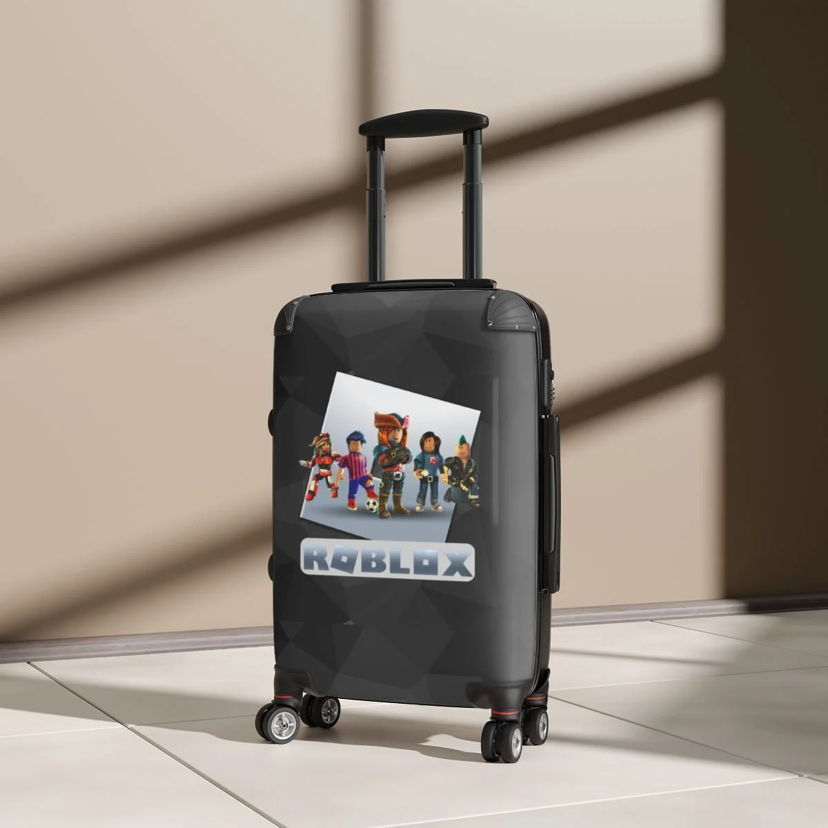 Roblox Suitcase for Children, Roblox Games. Black Suitcase with Geometric Background. Carry-On Suitcase Cool Kiddo 16