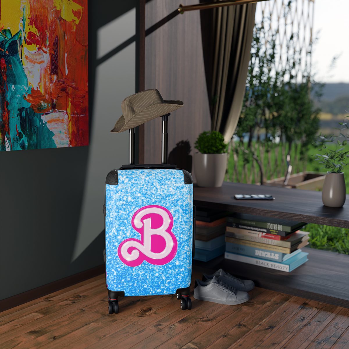 Sky Blue Glitter Simulation Barbie Logo Magic Carry-On Suitcase