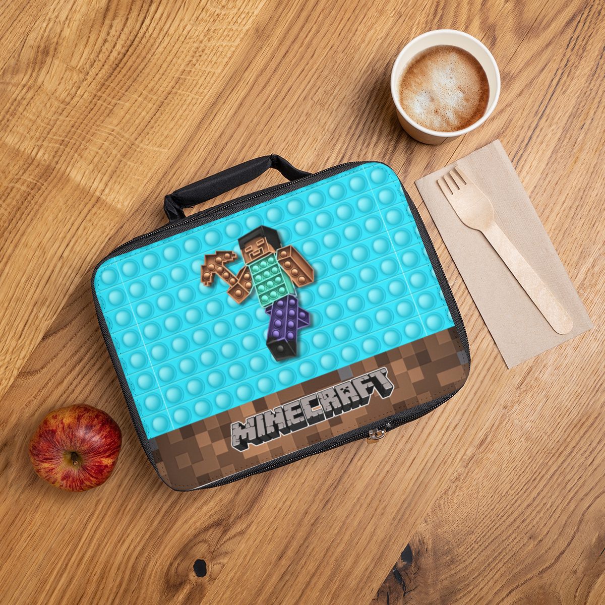Blue and Brown Minecraft Lunchbox with Print inspired by POP IT silicone figures Lunch Bag Cool Kiddo 12