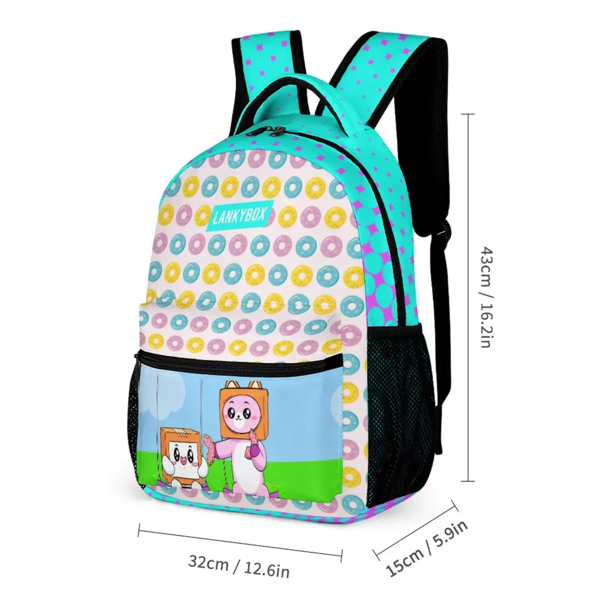 LANKYBOX Three-Piece Set – Book Bag, Lunch Bag, and Pencil Case – Multicolor Foxy and Boxy Characters and Donuts Backpack Cool Kiddo 16