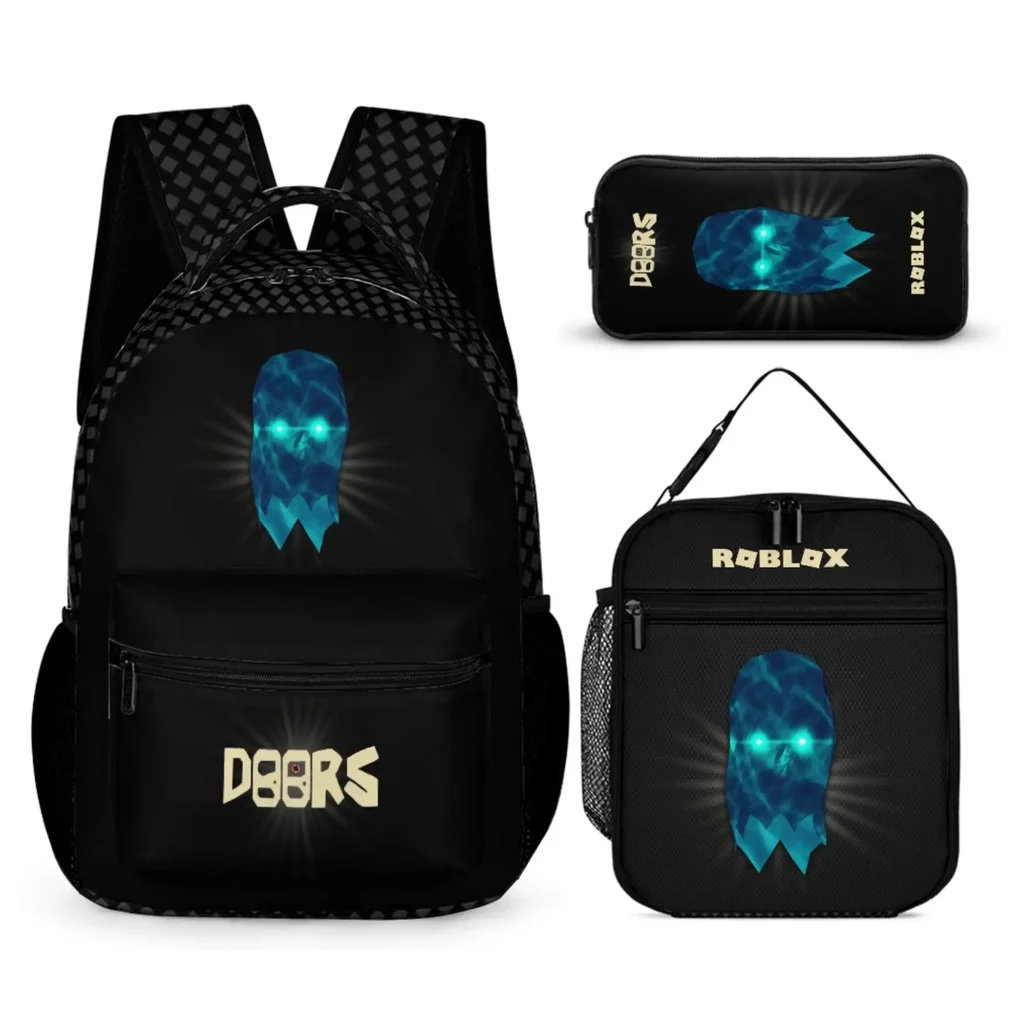 Roblox Doors HALT Entity Black Three-Piece Set – Book Bag, Lunch Bag, and Pencil Case | Horror Game Backpack Cool Kiddo Roblox Doors HALT Entity Black Three-Piece Set – Book Bag, Lunch Bag, and Pencil Case | Horror Game Backpack