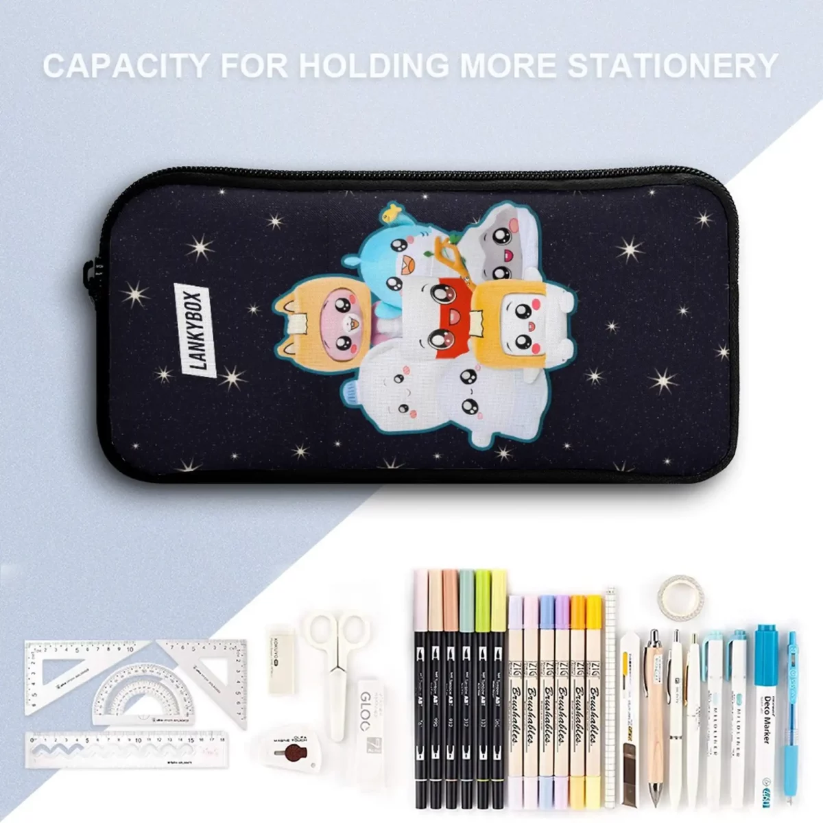 LANKYBOX Three-Piece Set – Book Bag, Lunch Bag, and Pencil Case – Black and Blue, Foxy, Boxy Characters Backpack