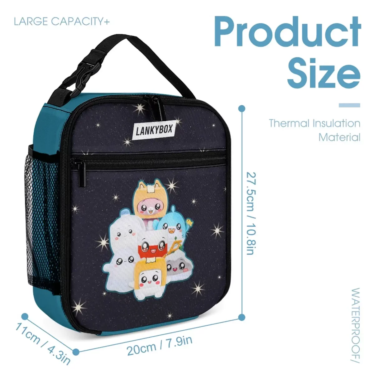 LANKYBOX Three-Piece Set – Book Bag, Lunch Bag, and Pencil Case – Black and Blue, Foxy, Boxy Characters Backpack Cool Kiddo 22