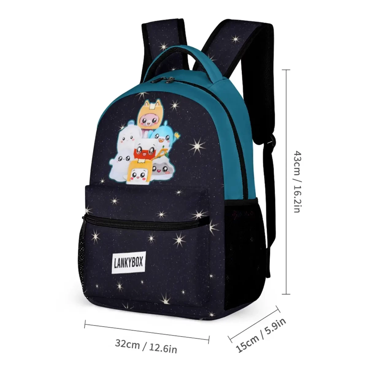 LANKYBOX Three-Piece Set – Book Bag, Lunch Bag, and Pencil Case – Black and Blue, Foxy, Boxy Characters Backpack Cool Kiddo 24