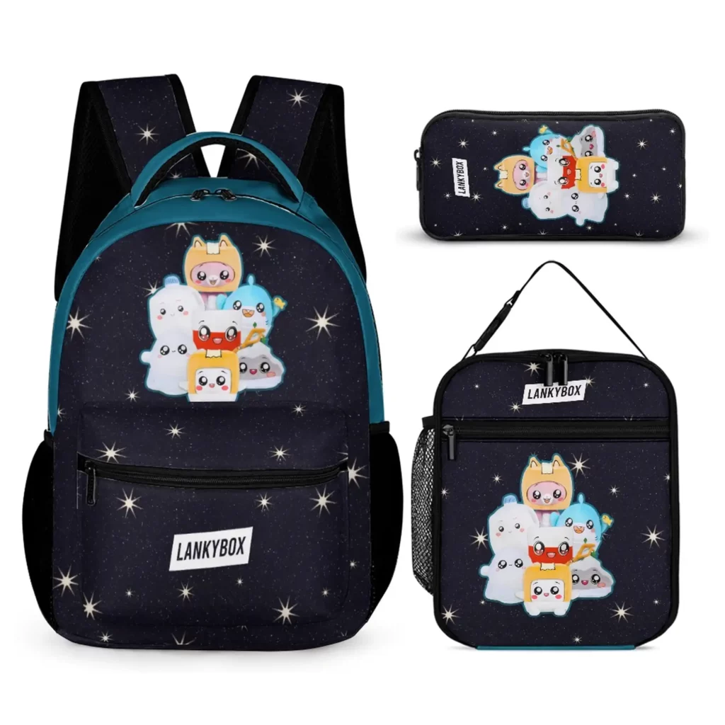 LANKYBOX Three Piece Set, Book Bag, Lunch Bag, and Pencil Case, Black and Blue, Foxy, Boxy Characters Backpack Cool Kiddo LANKYBOX Three Piece Set, Book Bag, Lunch Bag, and Pencil Case, Black and Blue, Foxy, Boxy Characters Backpack