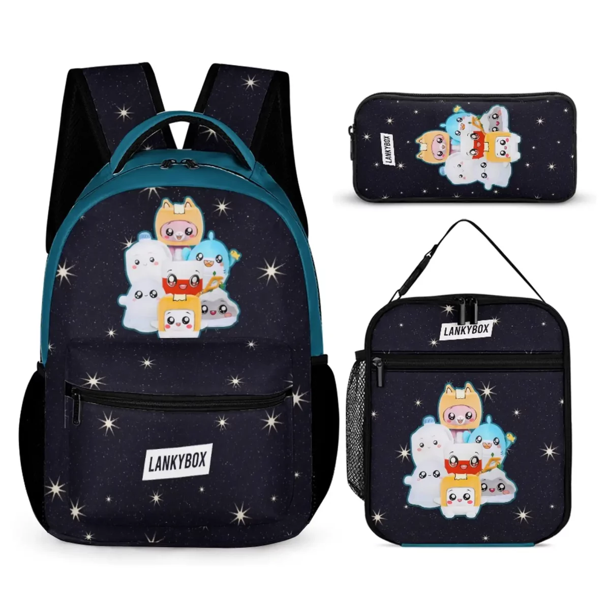 LANKYBOX Three-Piece Set – Book Bag, Lunch Bag, and Pencil Case – Black and Blue, Foxy, Boxy Characters Backpack Cool Kiddo 10