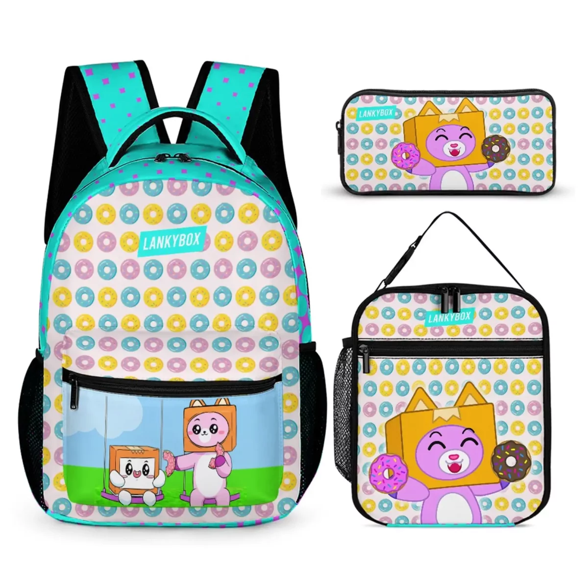 LANKYBOX Three-Piece Set – Book Bag, Lunch Bag, and Pencil Case – Multicolor Foxy and Boxy Characters and Donuts Backpack Cool Kiddo 10