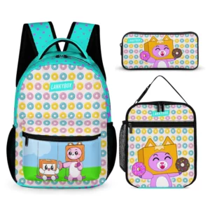 LANKYBOX Three-Piece Set – Book Bag, Lunch Bag, and Pencil Case – Multicolor Foxy and Boxy Characters and Donuts Backpack Cool Kiddo