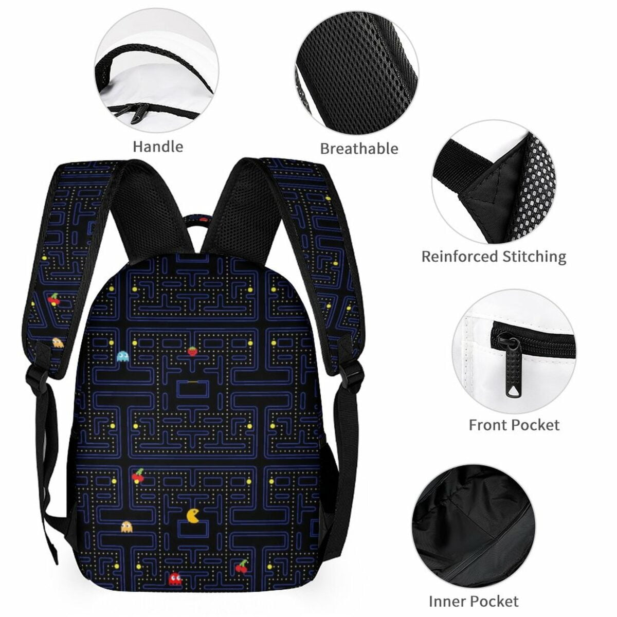 Pac-Man Retro Videogame Black Backpack Lightweight Waterproof Adjustable Straps Cool Kiddo 14