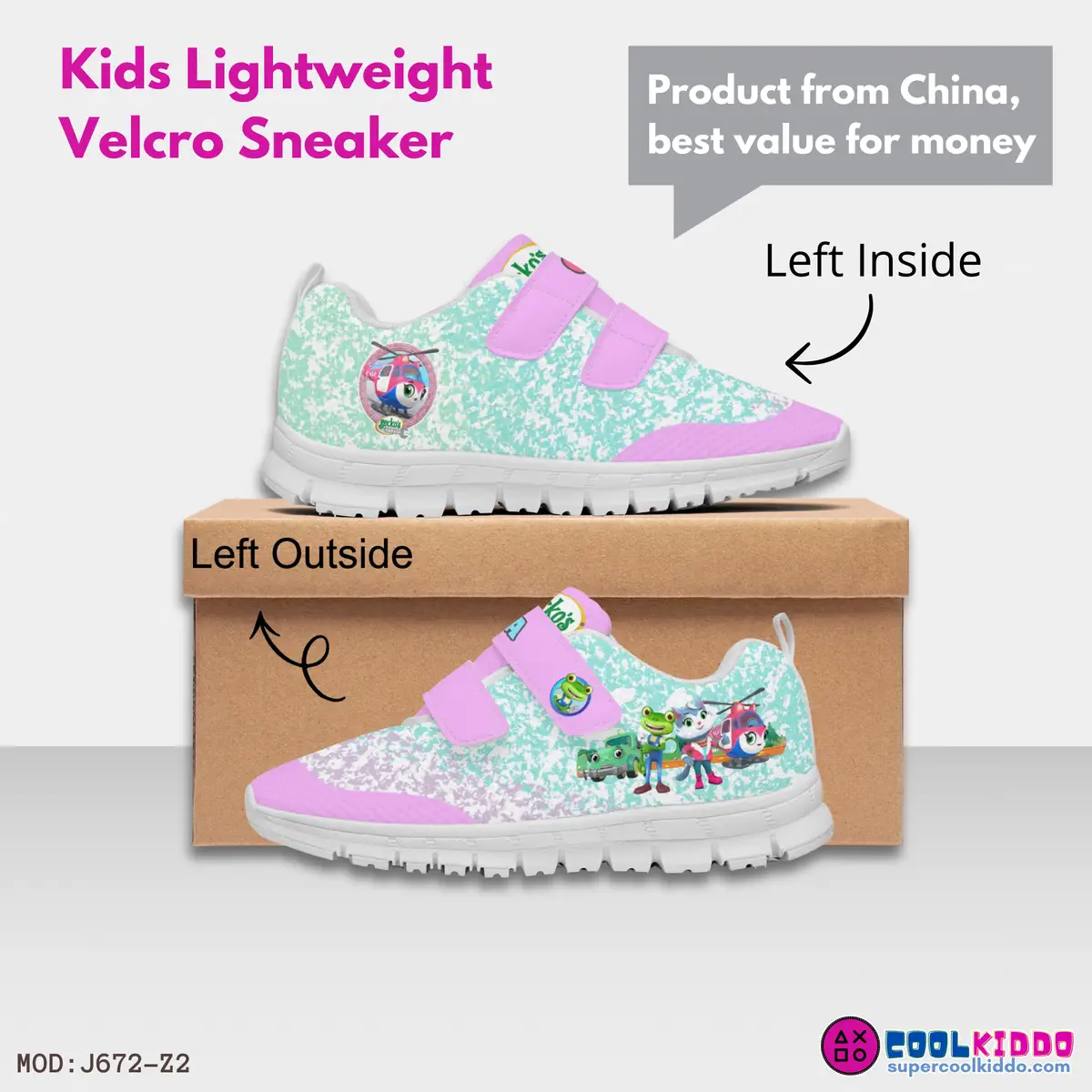 Customizable Gecko’s Garage Kids Velcro Shoes, Pink and Green Cool Kiddo 18