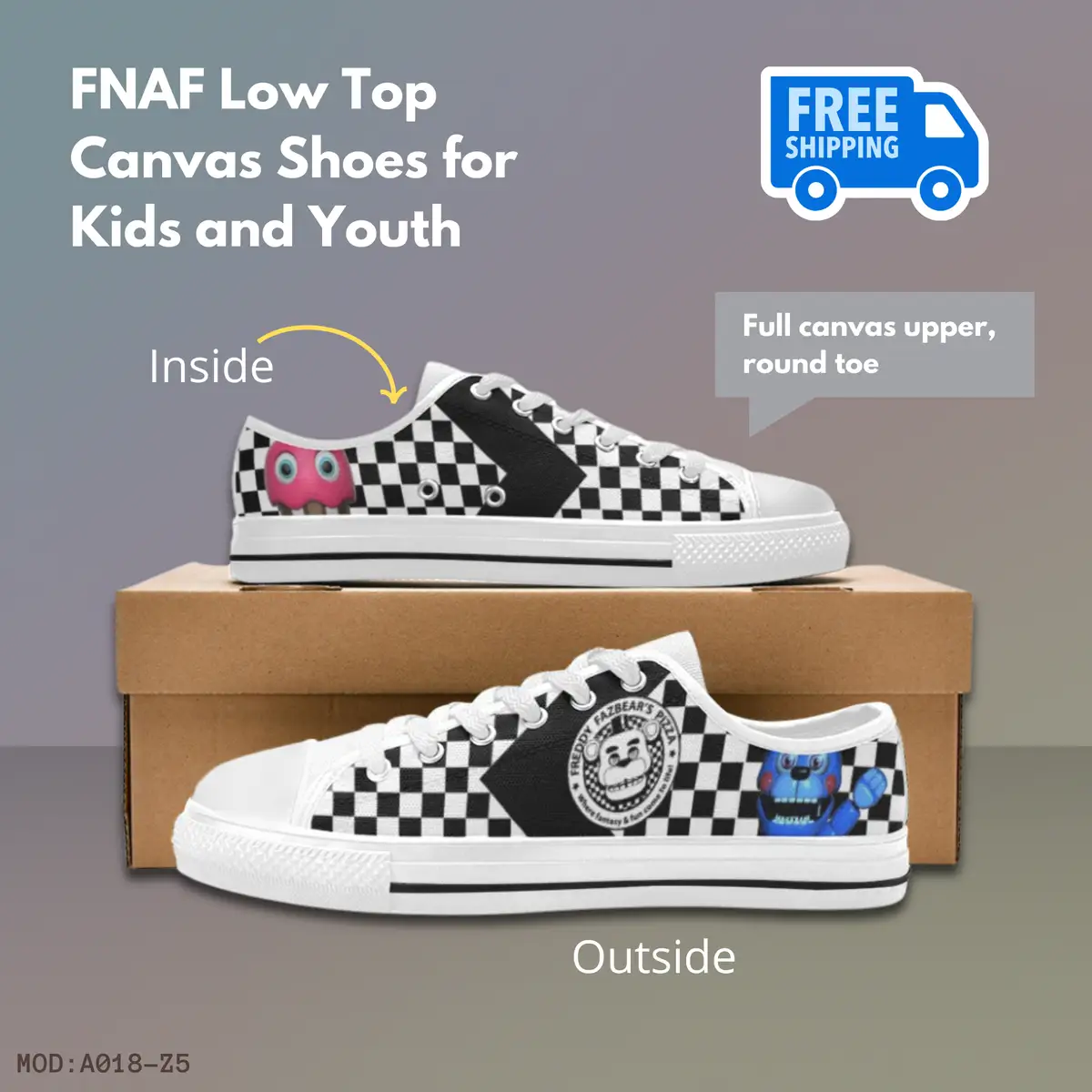 Five Nights at Freddy’s Chess pattern Low-Top Sneakers – FNAF Shoes with Freddy’s Pizza Logo, Cupcake and Bonnie, For Kids and Youth Cool Kiddo 12