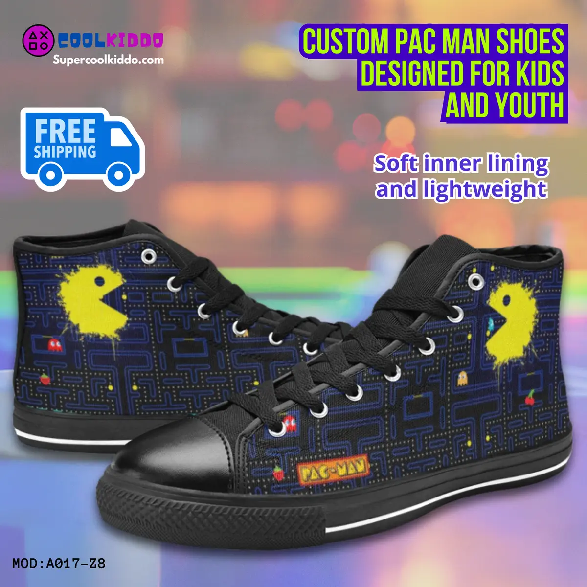 Pac Man Vintage Video Game High Top Sneakers – Custom Canvas Shoes for Kids/Youth Cool Kiddo 12