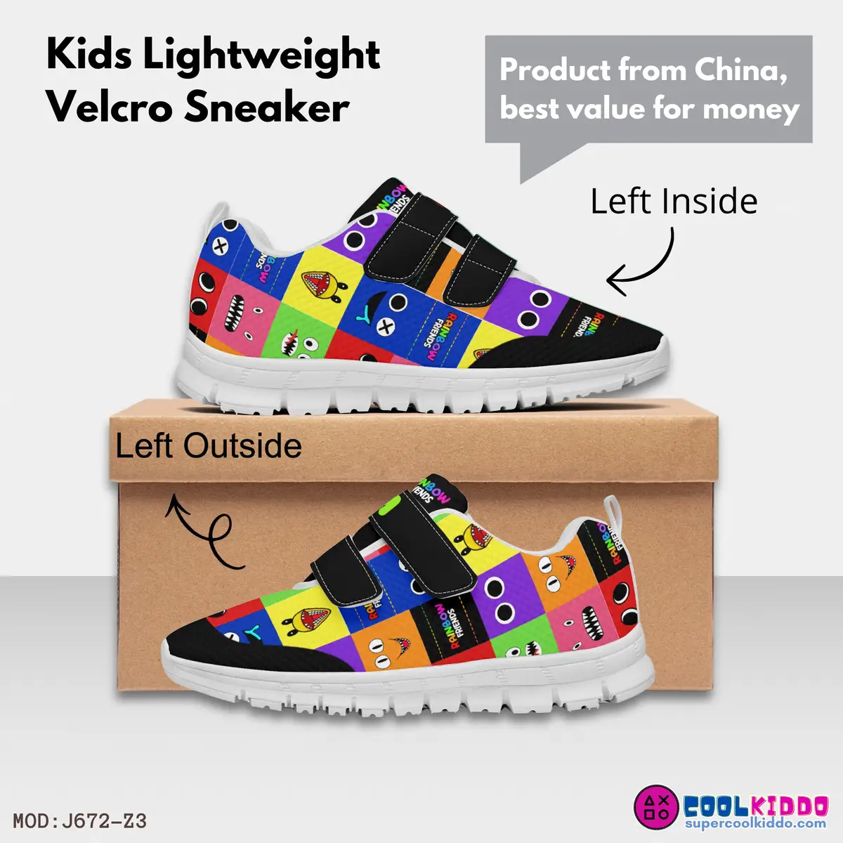 Customizable Rainbow Friends Kids Velcro Shoes, Multicolor and Black Cool Kiddo 14