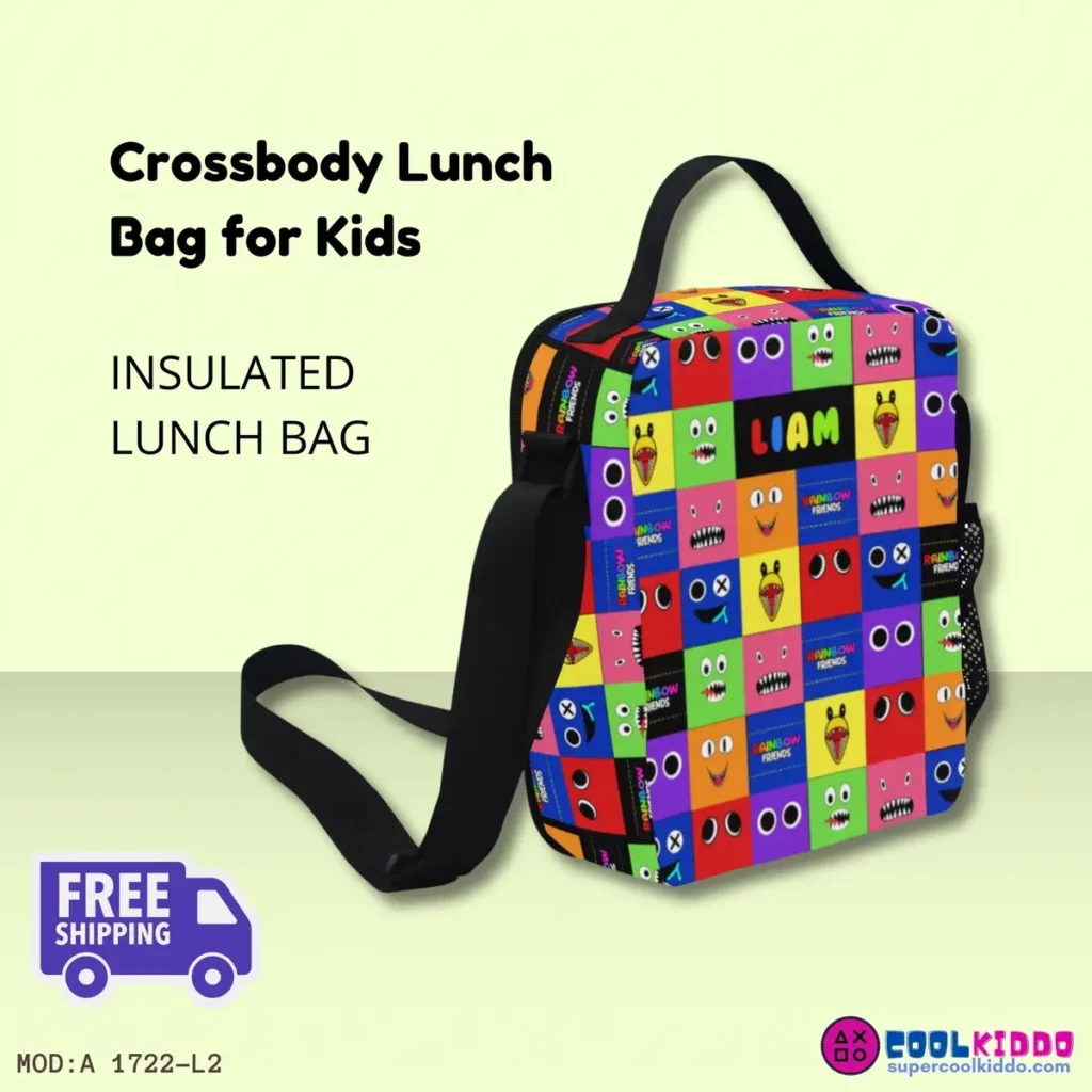 Rainbow Friends Insulated Lunch Bag, Roblox Style Grid Print, Customizable Cool Kiddo Rainbow Friends Insulated Lunch Bag, Roblox Style Grid Print, Customizable