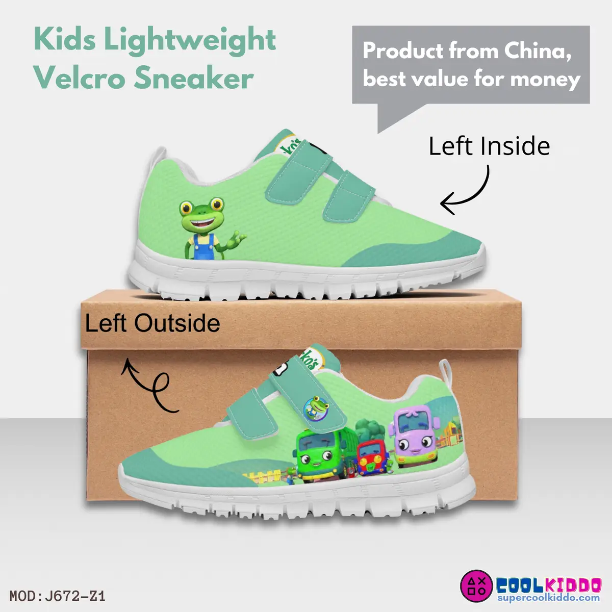 Customizable Name Gecko’s Garage Kids Velcro Shoes, Green Cool Kiddo 18
