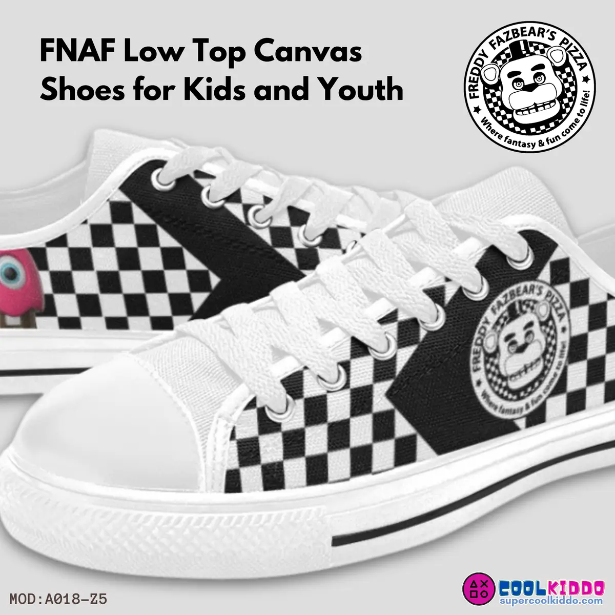 Five Nights at Freddy’s Chess pattern Low-Top Sneakers – FNAF Shoes with Freddy’s Pizza Logo, Cupcake and Bonnie, For Kids and Youth Cool Kiddo 10