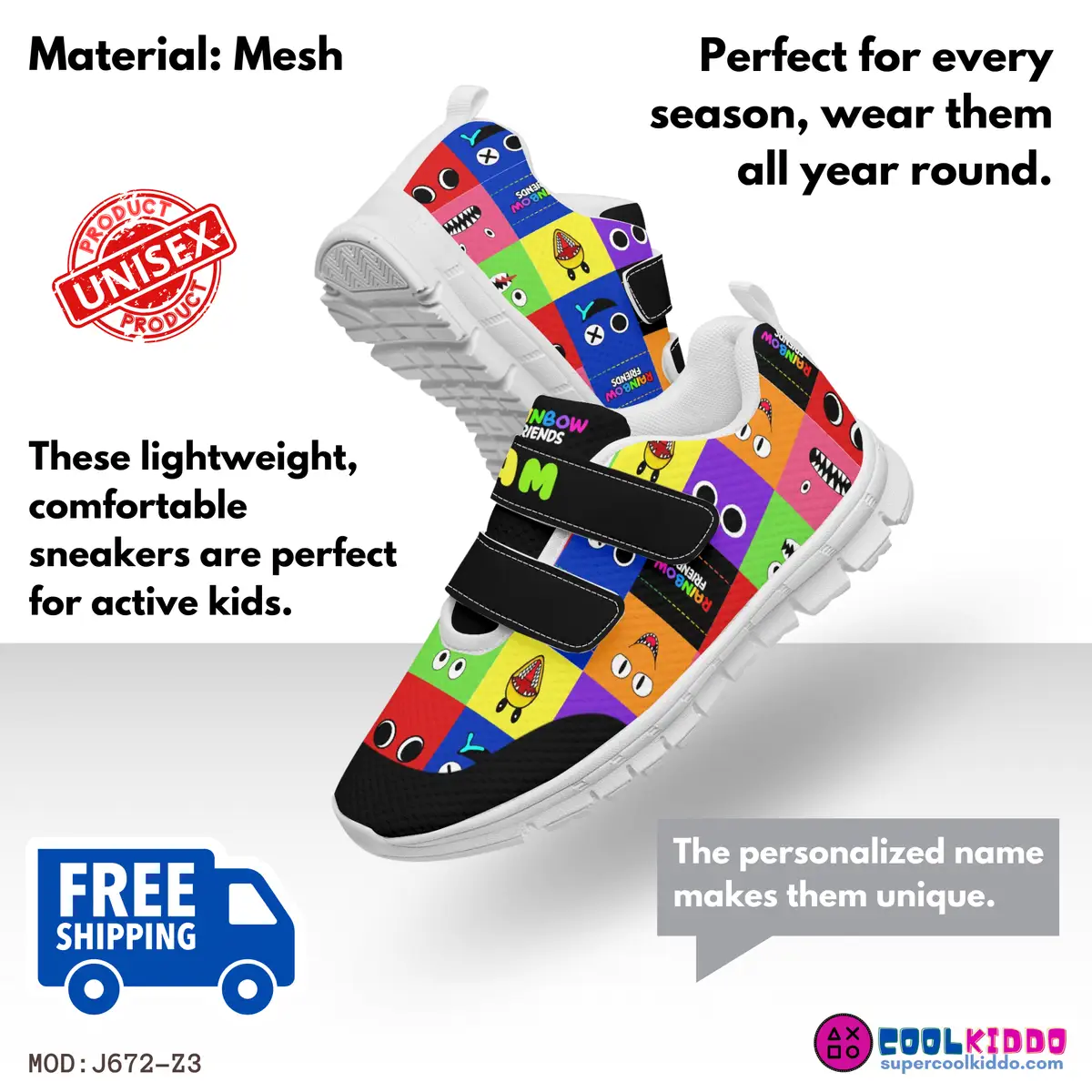 Customizable Rainbow Friends Kids Velcro Shoes, Multicolor and Black Cool Kiddo 16