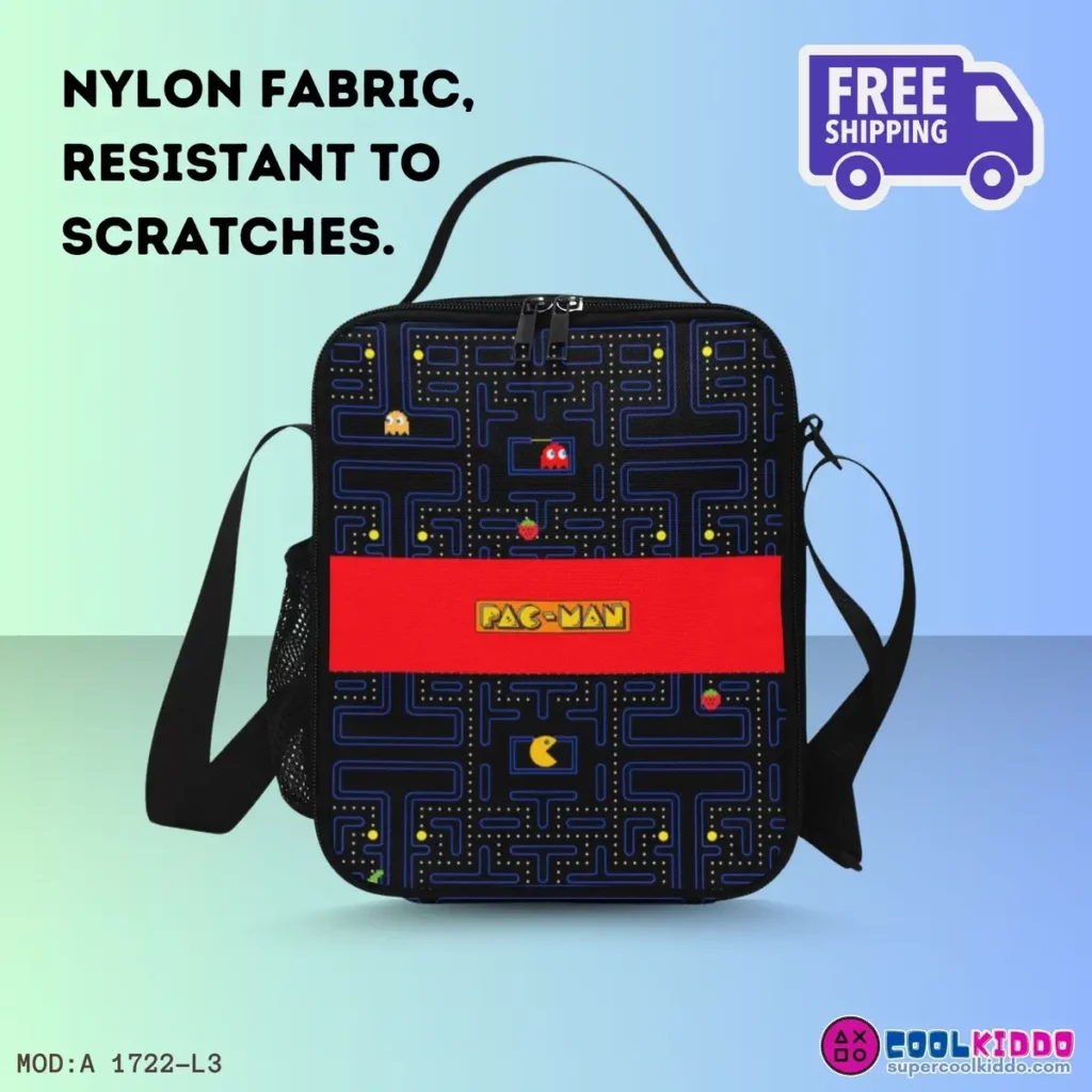 Pac Man Insulated Lunch Bag, Vintage Video Game Style Grid Print Cool Kiddo Pac Man Insulated Lunch Bag, Vintage Video Game Style Grid Print