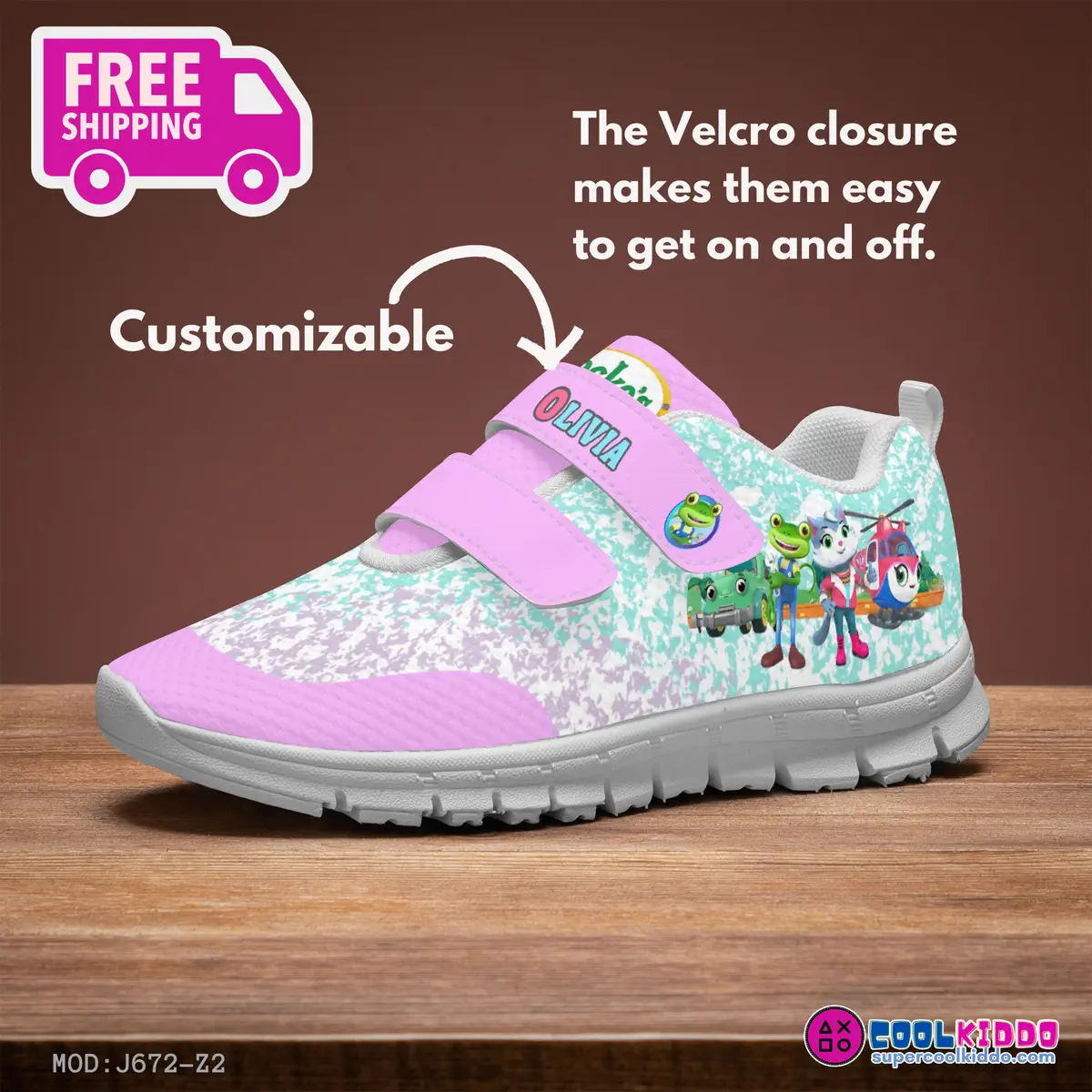 Customizable Gecko’s Garage Kids Velcro Shoes, Pink and Green Cool Kiddo 10