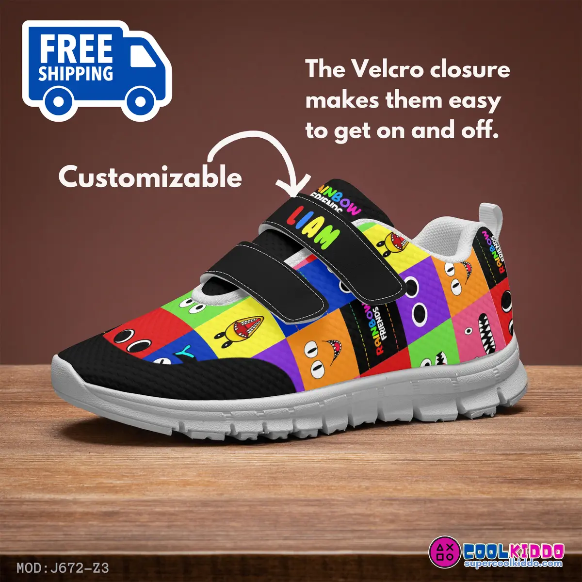 Customizable Rainbow Friends Kids Velcro Shoes, Multicolor and Black Cool Kiddo 10