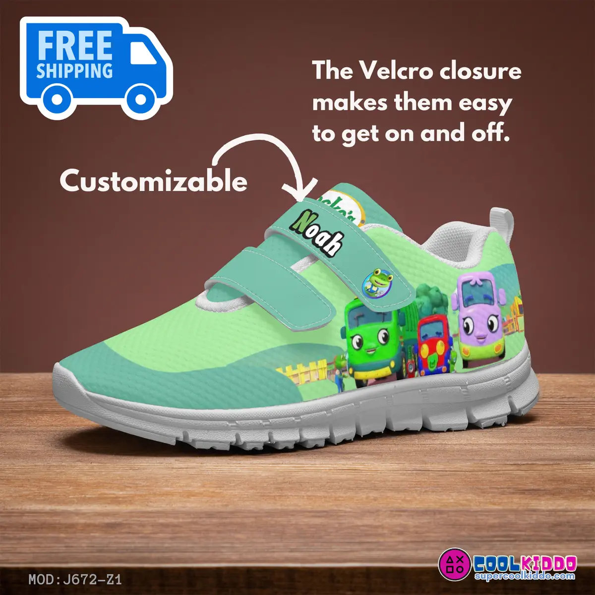 Customizable Name Gecko’s Garage Kids Velcro Shoes, Green Cool Kiddo 10