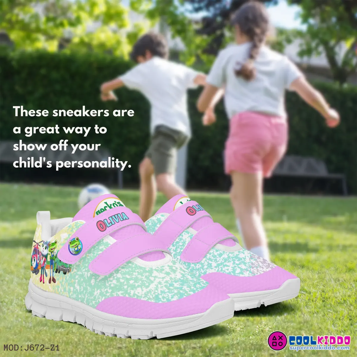 Customizable Gecko’s Garage Kids Velcro Shoes, Pink and Green Cool Kiddo 12