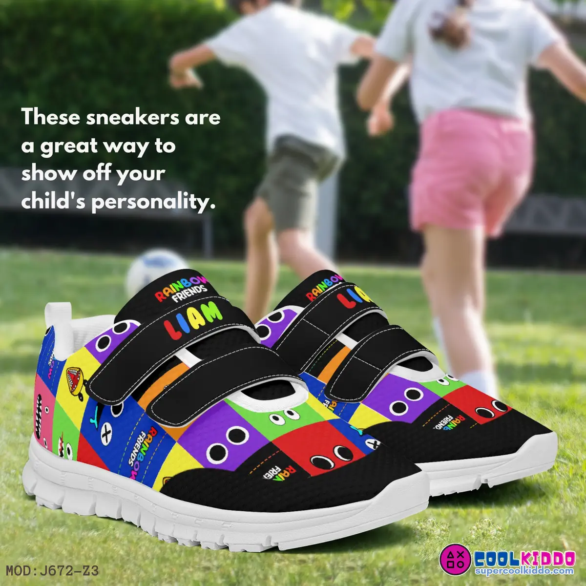 Customizable Rainbow Friends Kids Velcro Shoes, Multicolor and Black Cool Kiddo 12