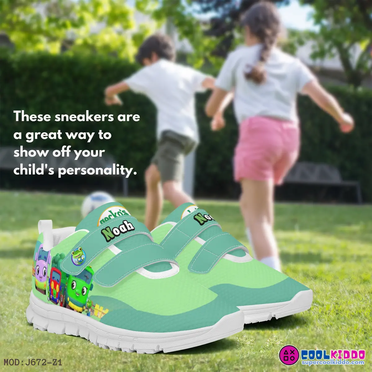 Customizable Name Gecko’s Garage Kids Velcro Shoes, Green Cool Kiddo 12