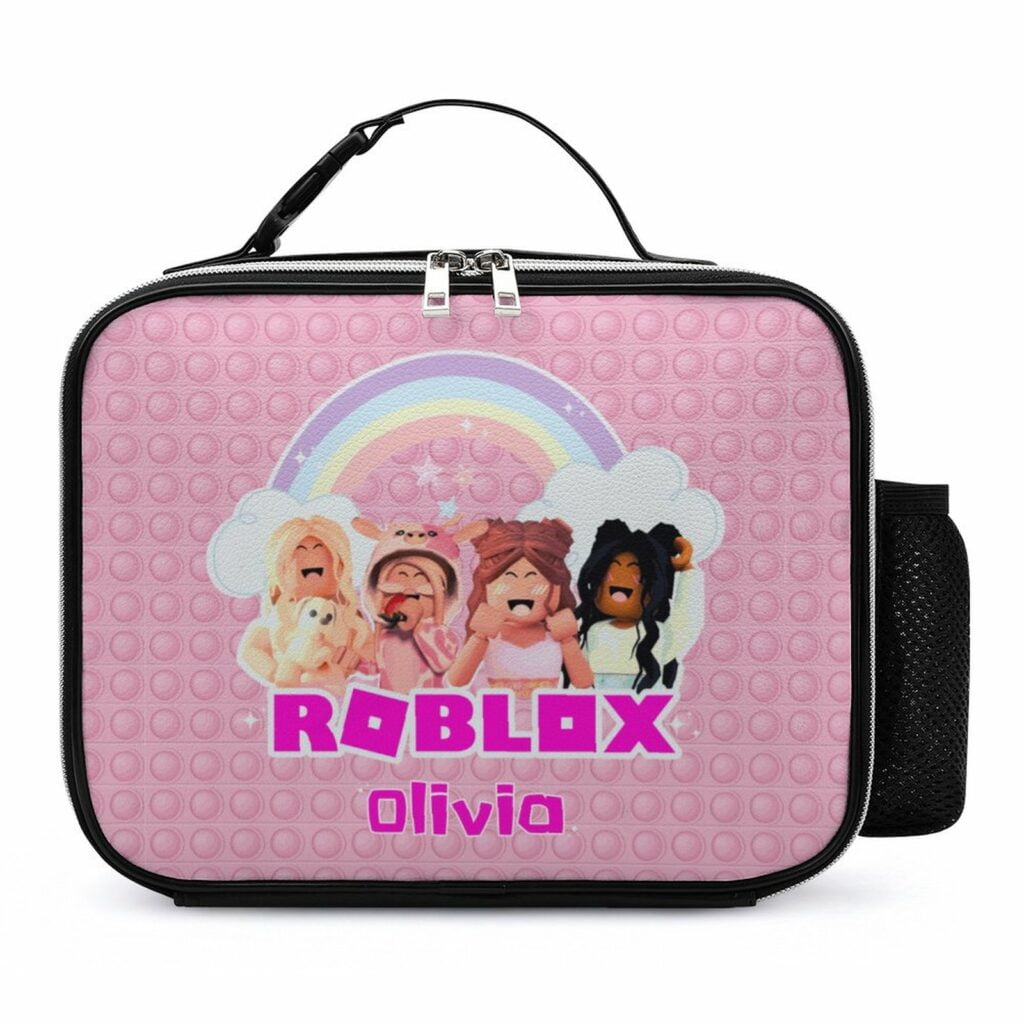 Personalized Name Roblox Girls Leather PU Leak-proof Lunch Bag with Detachable Buckled Handle Cool Kiddo Personalized Name Roblox Girls Leather PU Leak-proof Lunch Bag with Detachable Buckled Handle