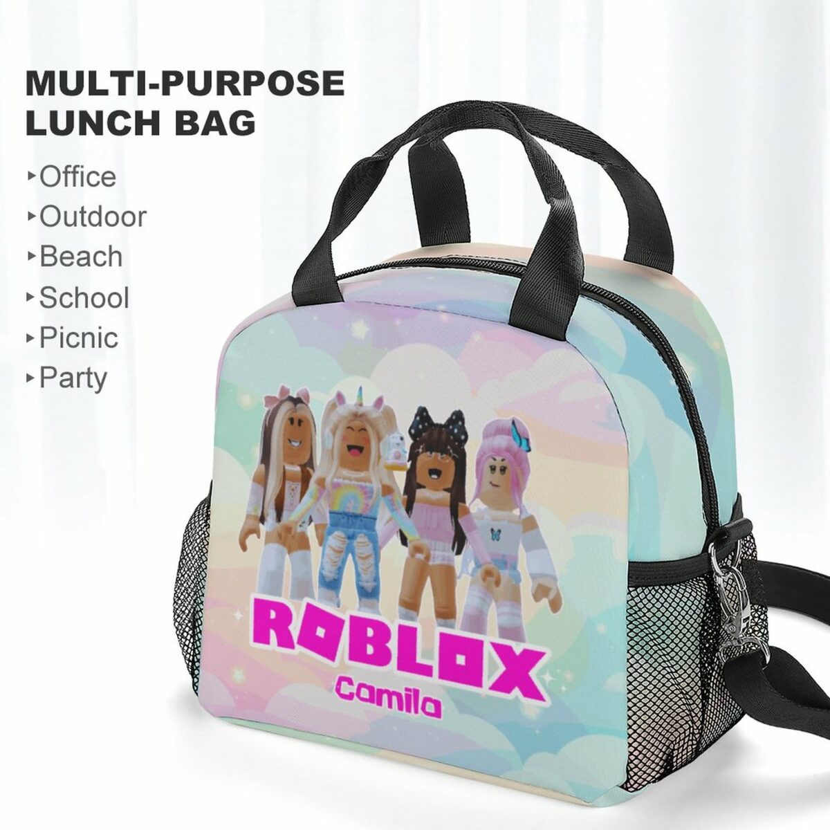 Customizable Name Roblox Girls Insulated Lunch Crossbody Bag with Strap for School, Beach, Picnic Cool Kiddo 20