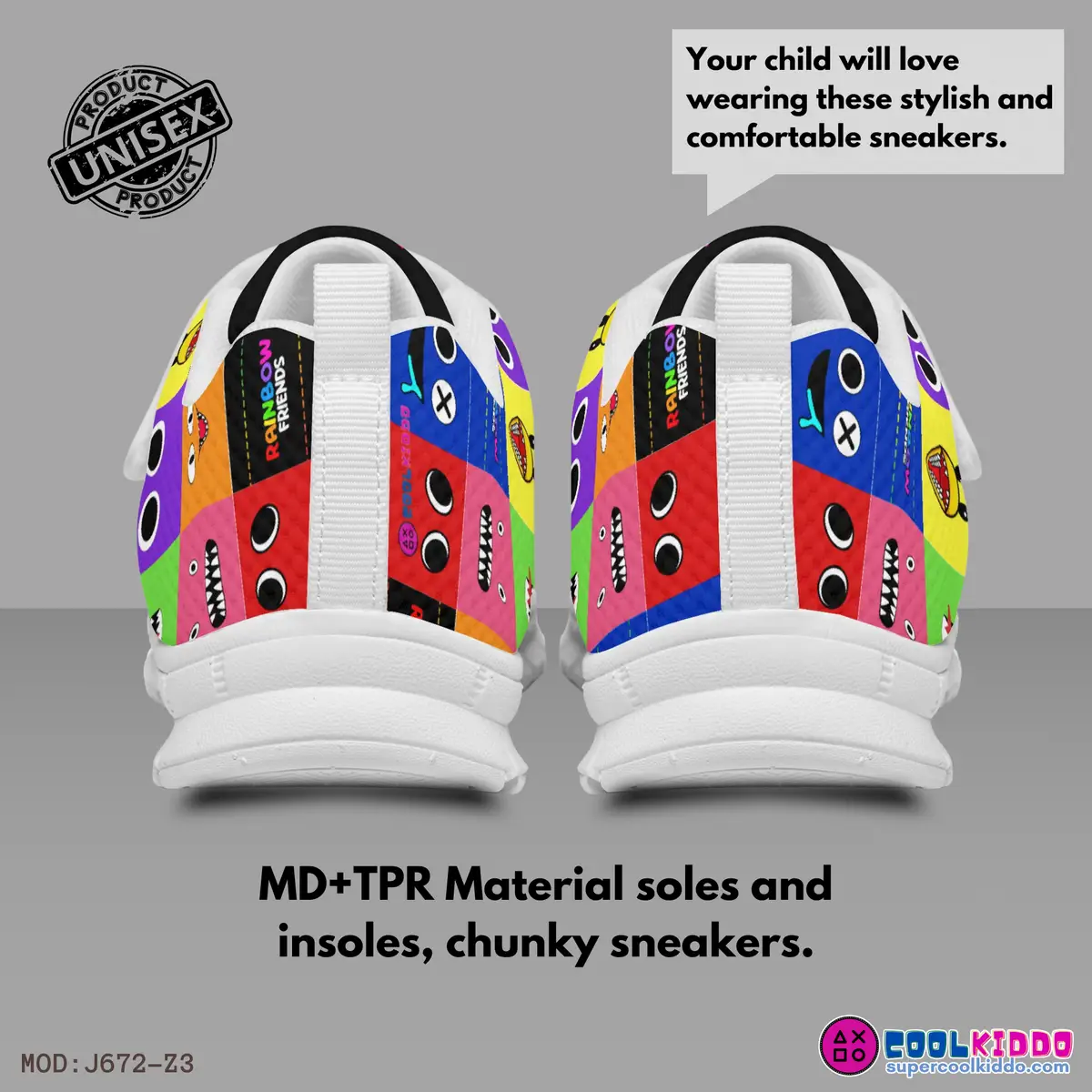 Customizable Rainbow Friends Kids Velcro Shoes, Multicolor and Black Cool Kiddo 18