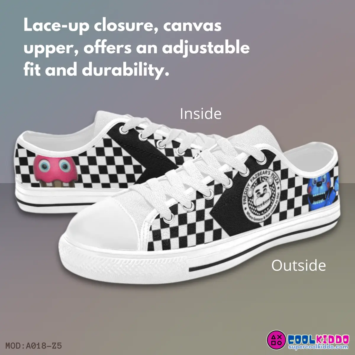 Five Nights at Freddy’s Chess pattern Low-Top Sneakers – FNAF Shoes with Freddy’s Pizza Logo, Cupcake and Bonnie, For Kids and Youth Cool Kiddo 16