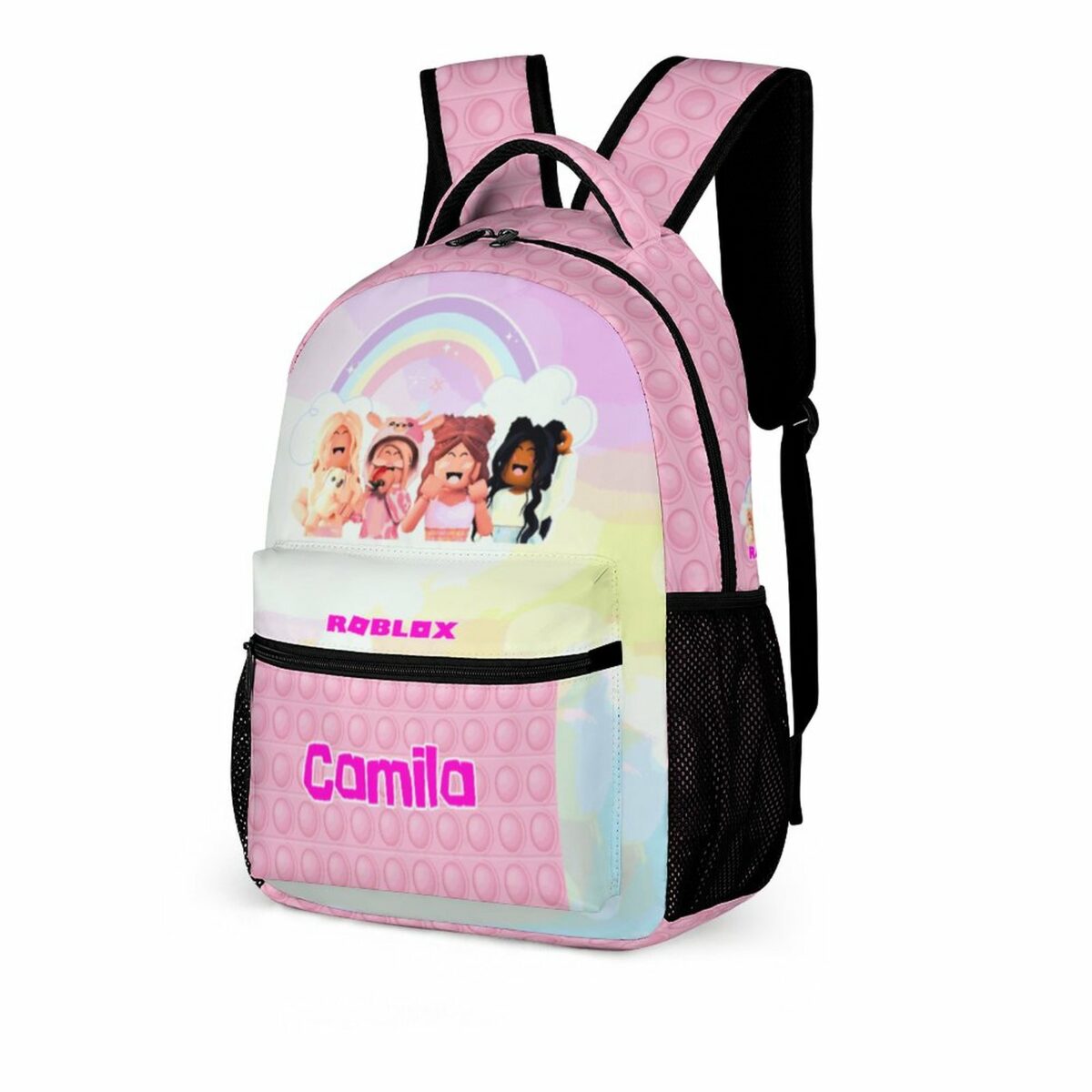 Personalized Name, Pink Roblox Girls Backpack with Avatars Characters on front Cool Kiddo 24