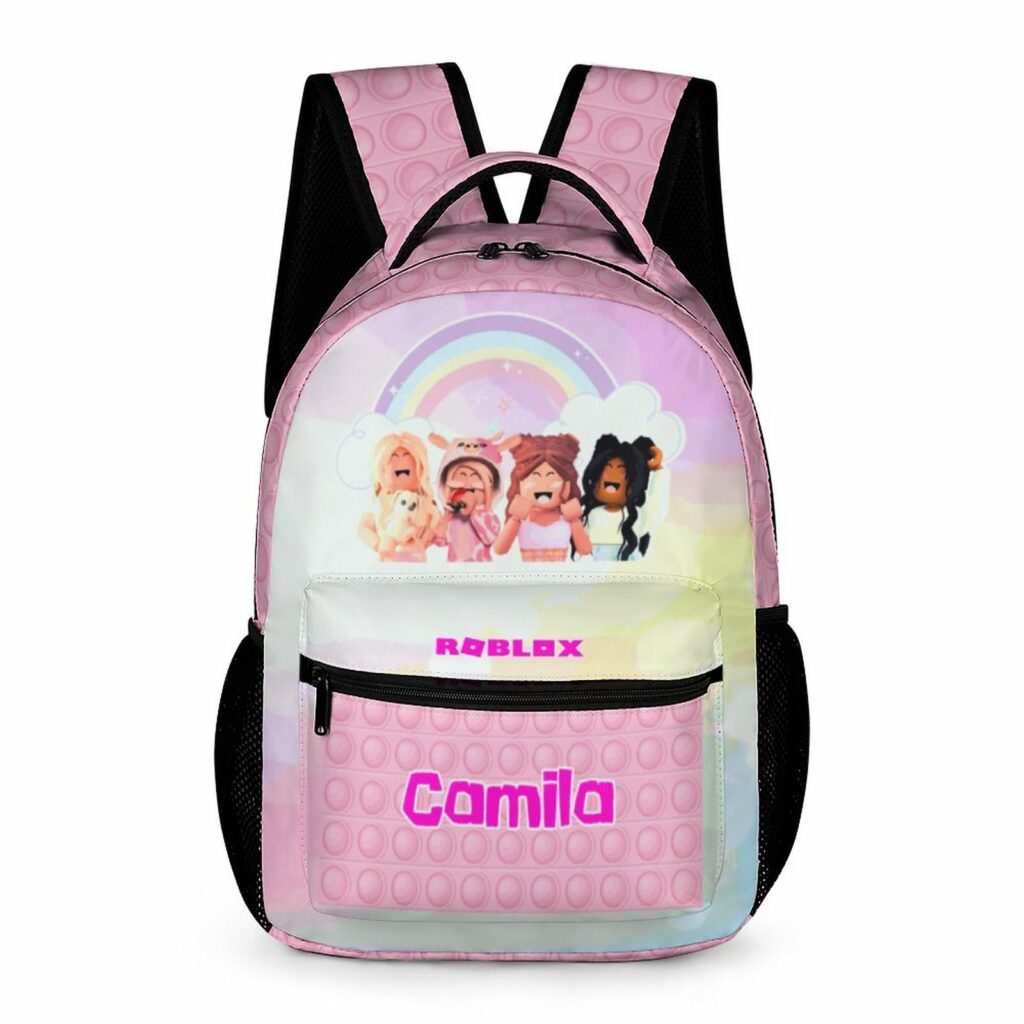 Personalized Name, Pink Roblox Girls Backpack with Avatars Characters on front Cool Kiddo Personalized Name, Pink Roblox Girls Backpack with Avatars Characters on front