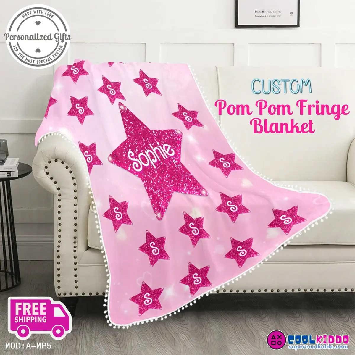 Barbie Star Pink Blanket with Pompom borders Personalized Name – Barbie style typography Cool Kiddo 10