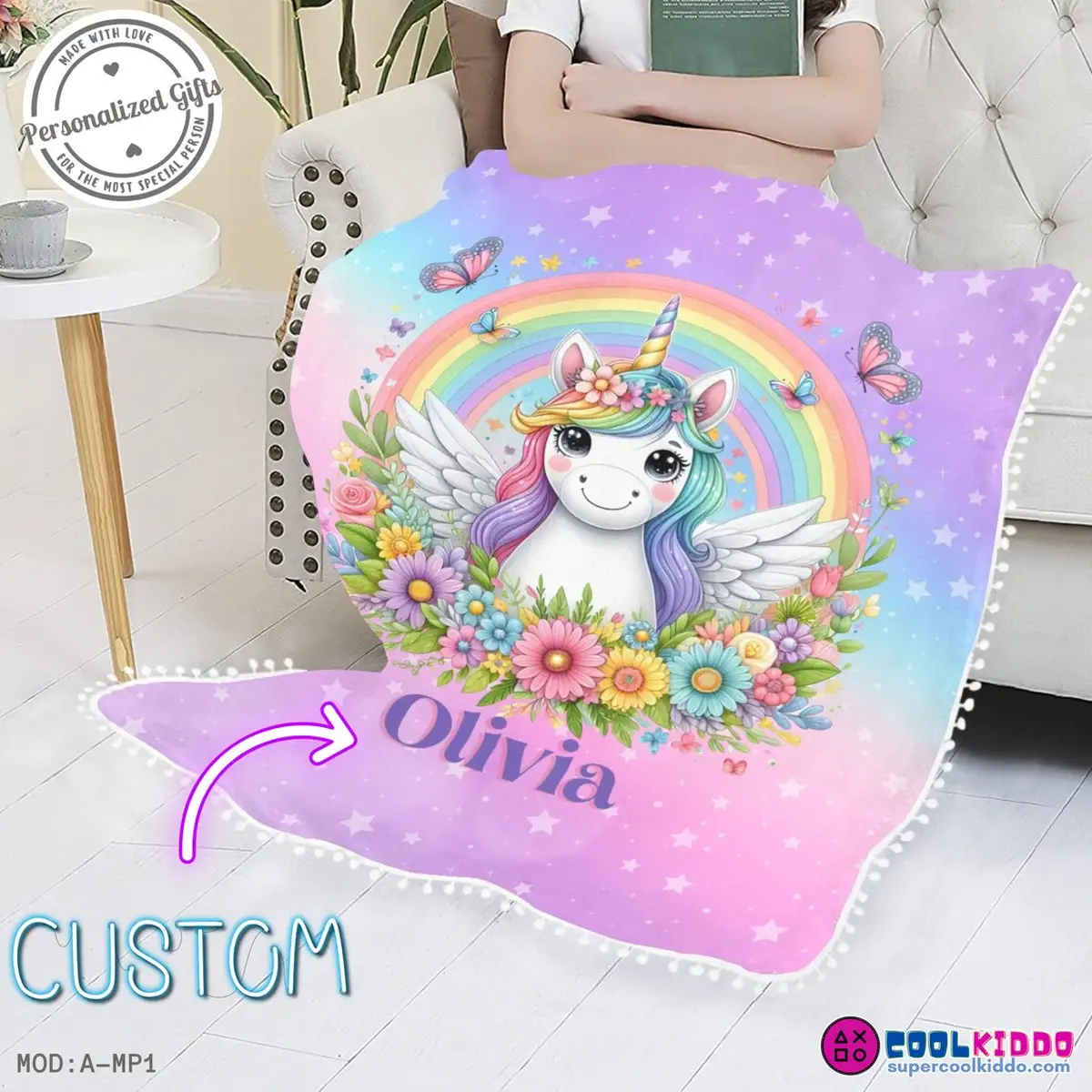 Personalized Unicorn Blanket with Pom Poms & Your Little Star’s Name Cool Kiddo 12