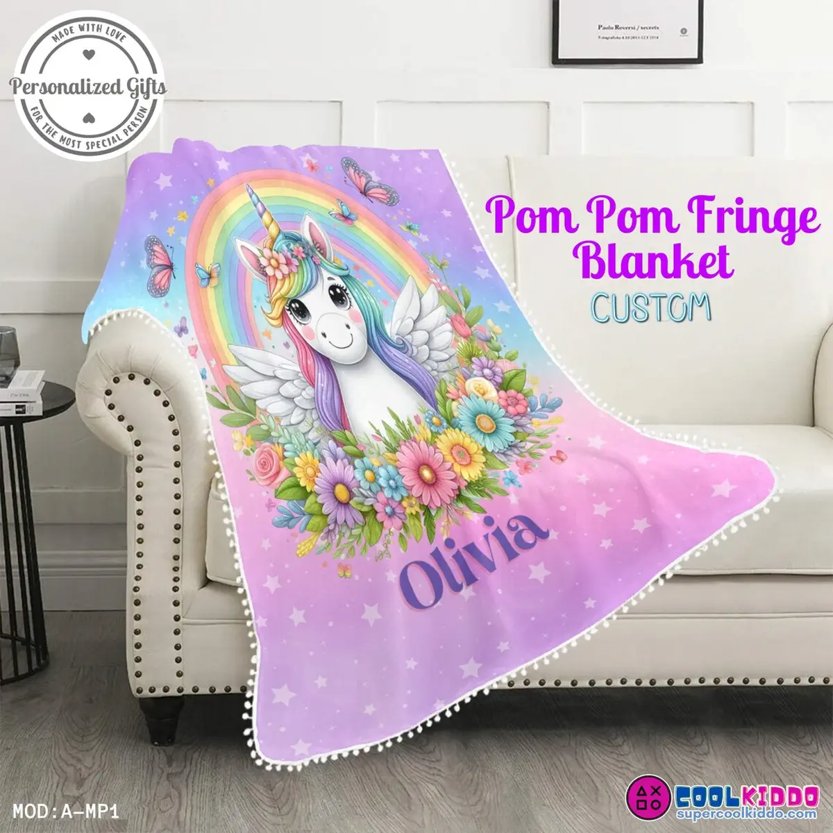 Personalized Unicorn Blanket with Pom Poms & Your Little Star’s Name Cool Kiddo 10