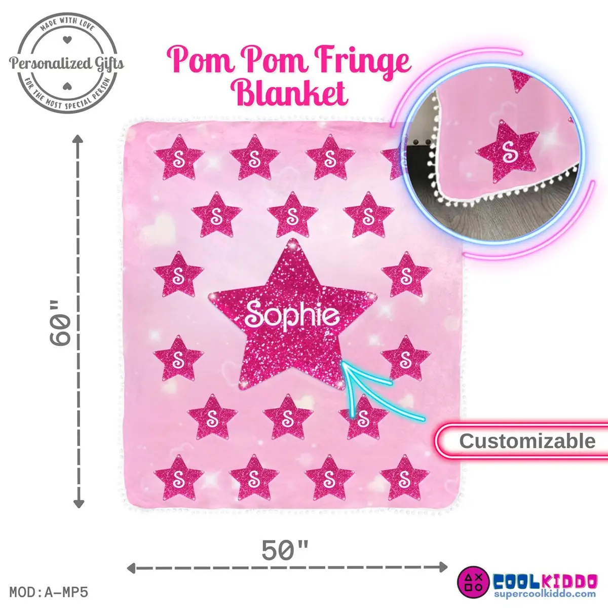 Barbie Star Pink Blanket with Pompom borders Personalized Name – Barbie style typography Cool Kiddo 14