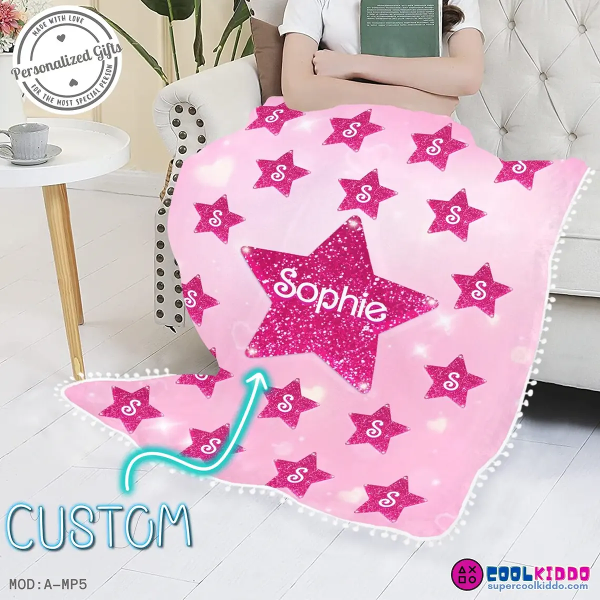 Barbie Star Pink Blanket with Pompom borders Personalized Name – Barbie style typography Cool Kiddo 12