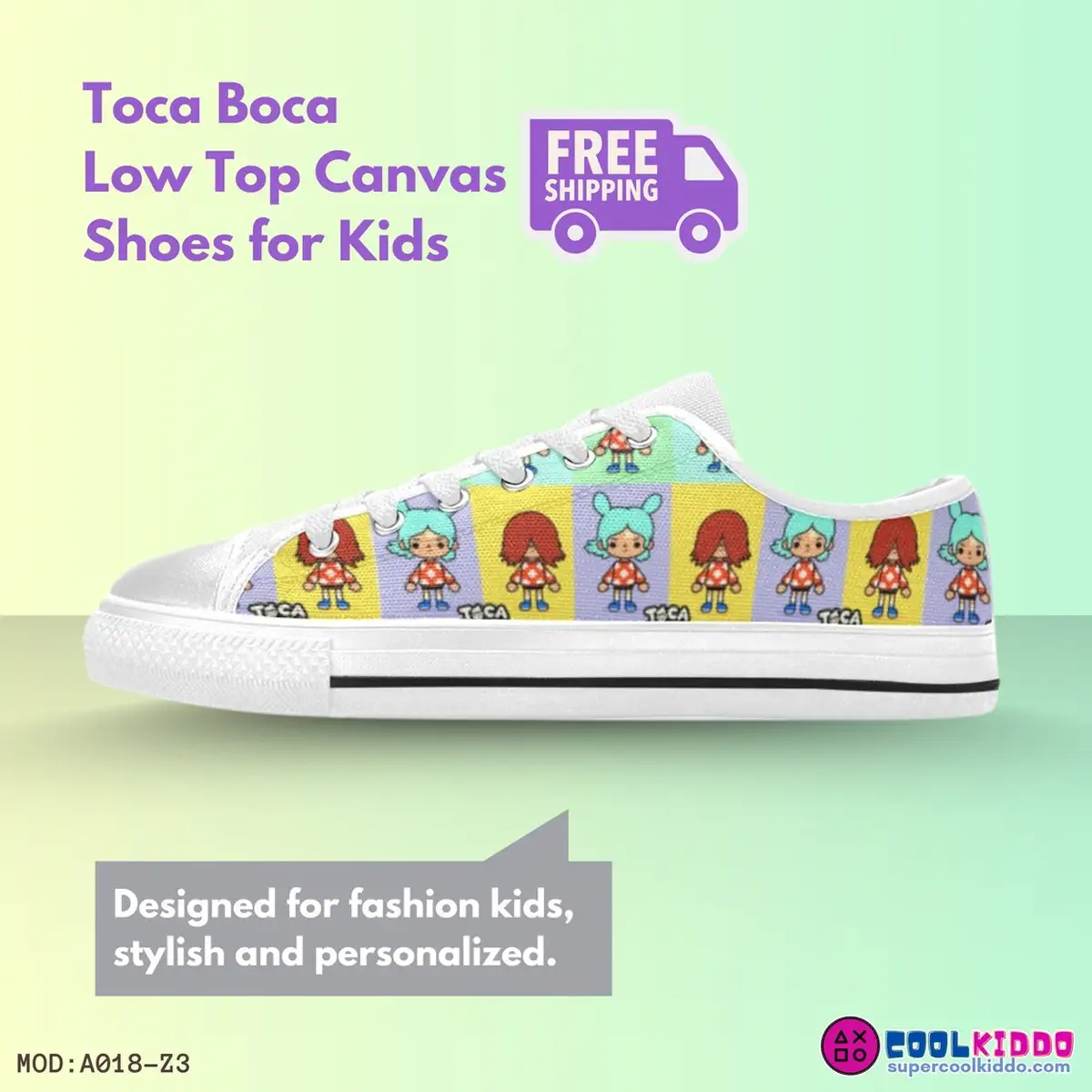 Toca Boca, Low-Top Sneakers, Toca Boca Print Shoes for Kids, Canvas Construction Cool Kiddo 12