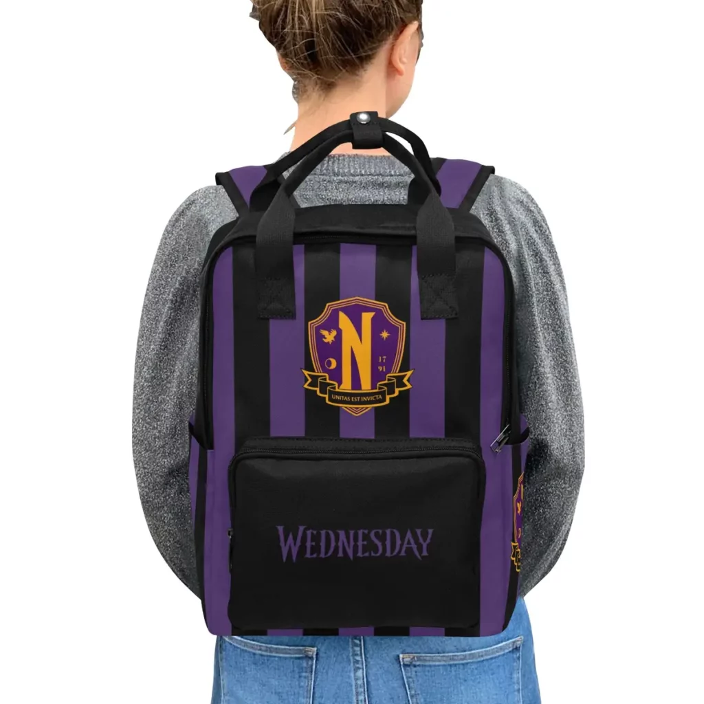 Wednesday Addams Uniform Inspired Black and Purple Backpack, Youth Book Bag for School, Nevermore Academy Rucksack Cool Kiddo Wednesday Addams Uniform Inspired Black and Purple Backpack, Youth Book Bag for School, Nevermore Academy Rucksack